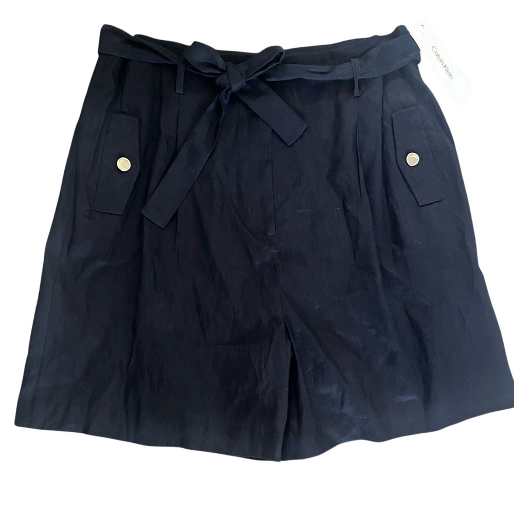 NEW Women's Calvin Klein SZ 16 Navy Shorts w/Bow Tie Belt (Linen Blend)